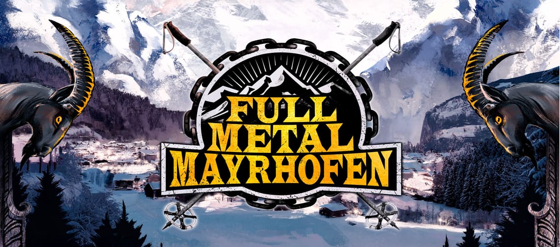 The image shows a poster for “Full Metal Mayrhofen” set against an alpine backdrop, featuring two stylized ibexes and a bold festival logo in the center.