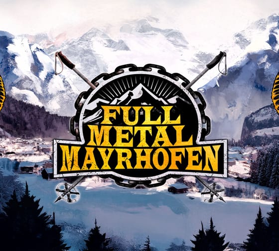 The image shows a poster for “Full Metal Mayrhofen” set against an alpine backdrop, featuring two stylized ibexes and a bold festival logo in the center.