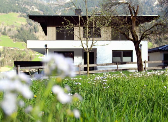 Modernes Haus mit weißen Wänden, große Fenster und umliegender Garten mit Bäumen und Blumen.