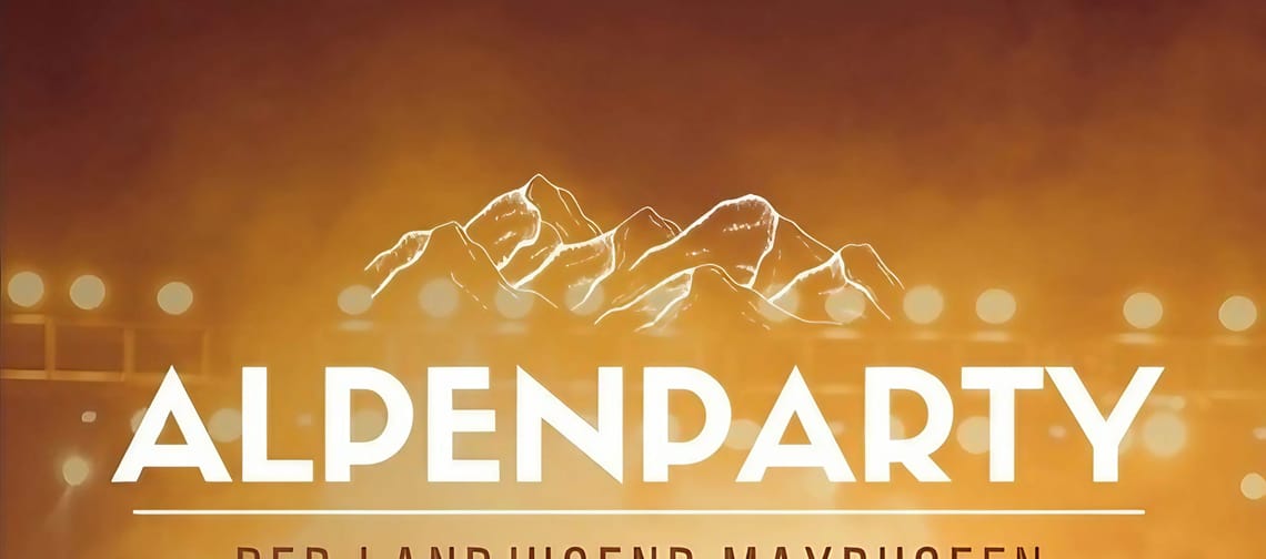 Das Bild zeigt das Logo der Landjugend Mayrhofen zur Alpenparty mit weißer Schrift auf goldenem Hintergrund.