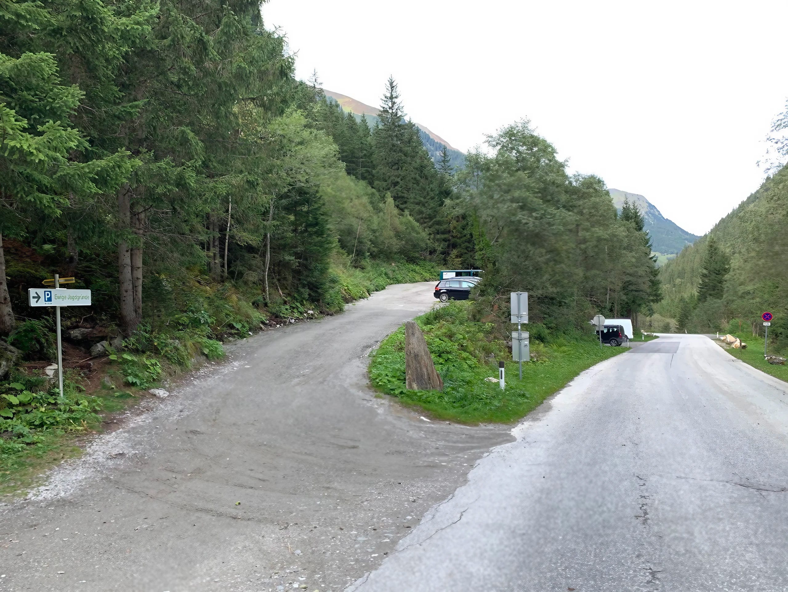 A narrow dirt road in a forested mountain area with parked cars and signs.