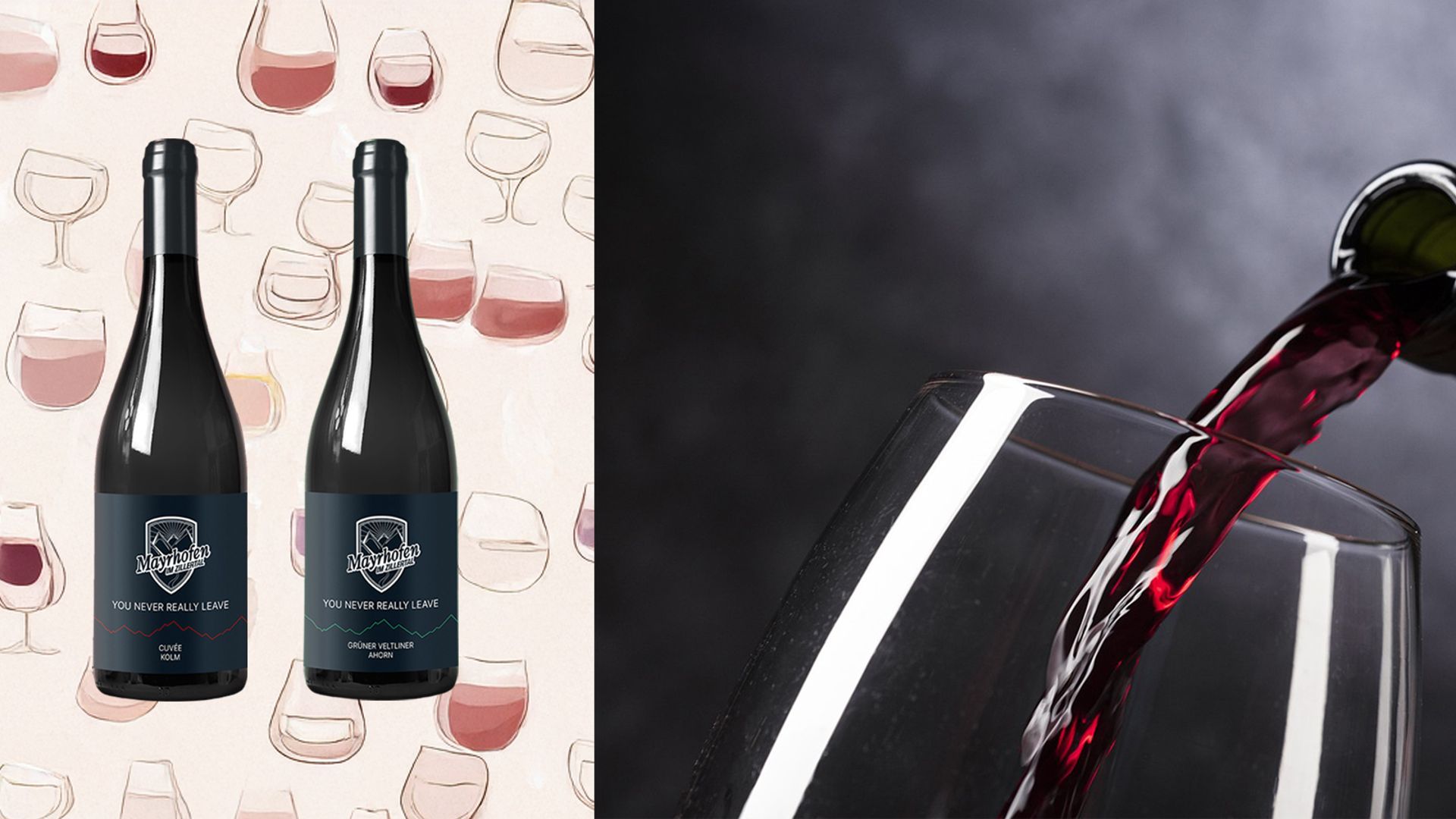 Zwei Flaschen Mayrhofen Wein, Rot und Weiß, vor Hintergrund mit stilisierten Weingläsern; daneben wird roter Wein aus einer Flasche in ein Glas eingeschenkt.