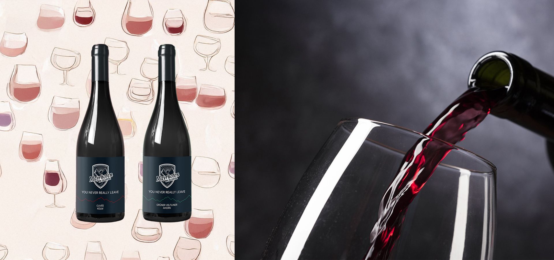 Two bottles of Mayrhofen wine, red and white, against a background with stylized wine glasses; next to them, red wine is being poured from a bottle into a glass.