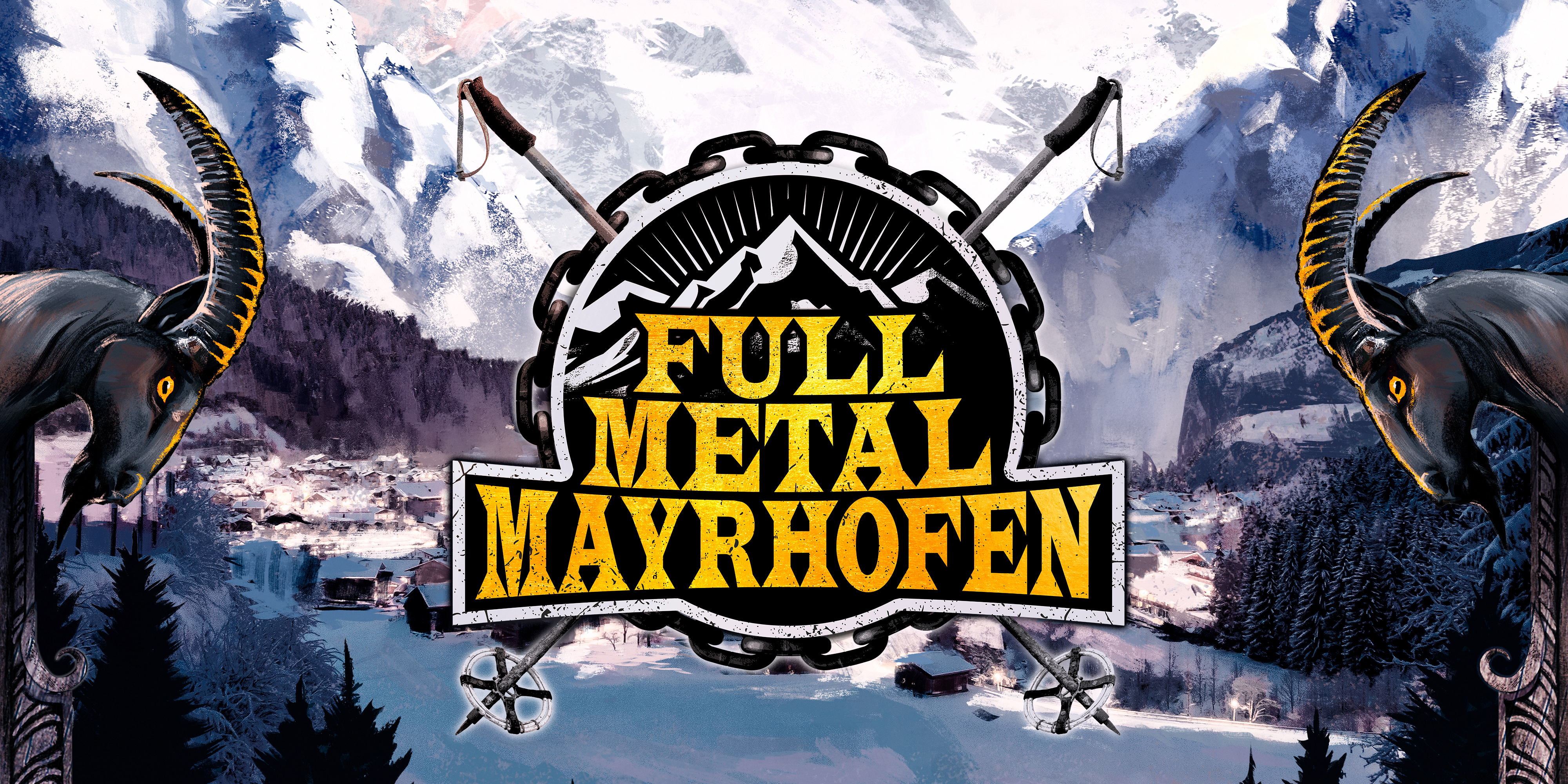 Banner with mountain landscape, above it a logo with two black ibex horns and the yellow lettering “Full Metal Mayrhofen.” On the left and right are the dates “21.3” and “22.3” in yellow.