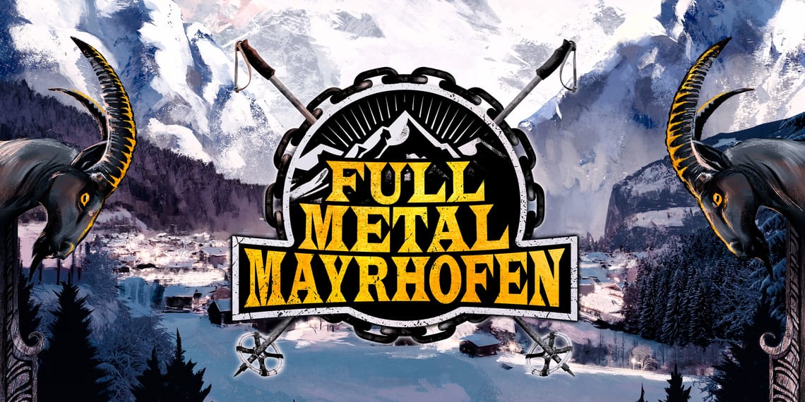 Logo Full Metal Mayrhofen Logo of “Full Metal Mayrhofen” with mountains, chains, ski poles, and date: 29.3.27 – 03.04.27, in yellow-black metallic design.