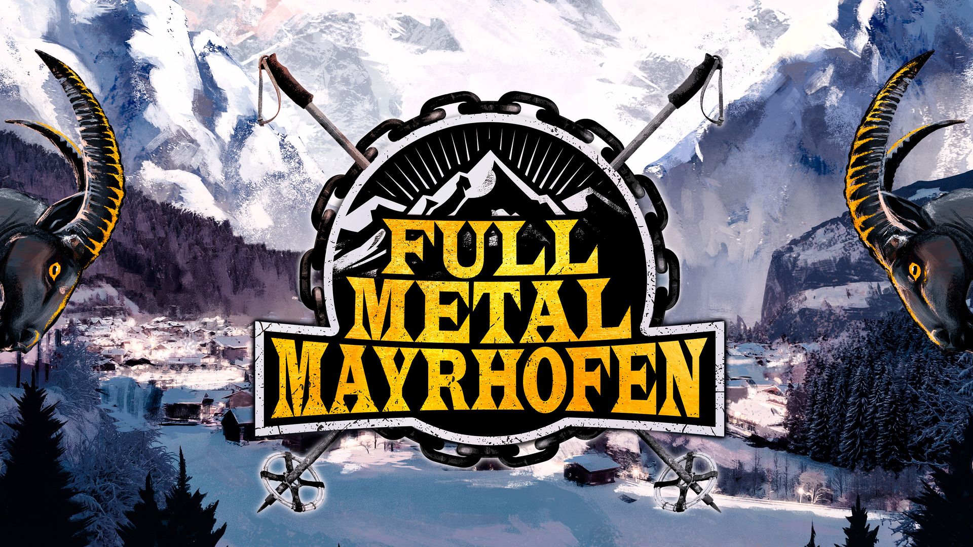 Banner with mountain landscape, above it a logo with two black ibex horns and the yellow lettering “Full Metal Mayrhofen.” On the left and right are the dates “21.3” and “22.3” in yellow.