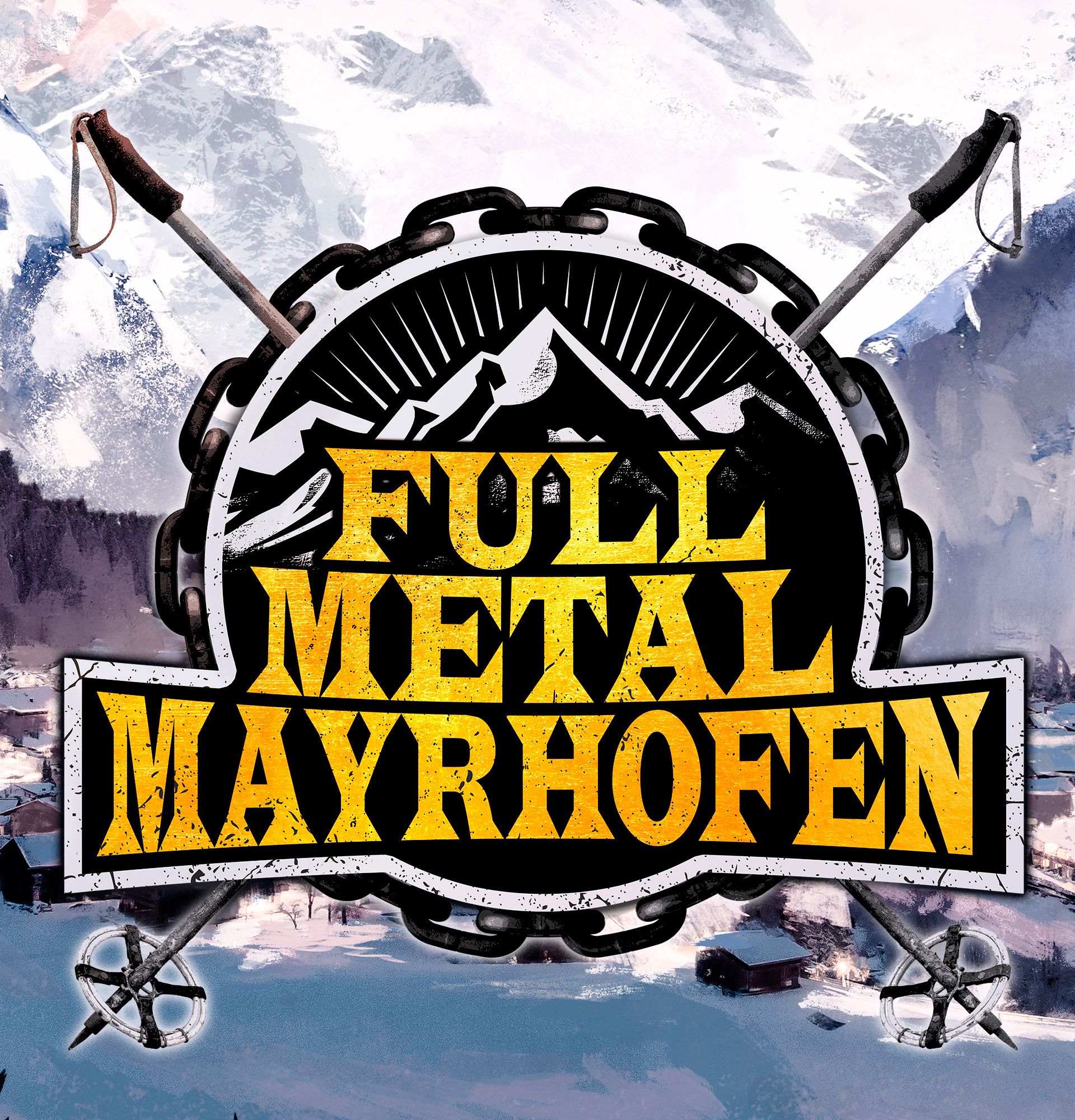 Banner mit Berglandschaft, darüber ein Logo mit zwei schwarzen Steinbockhörnern und dem gelben Schriftzug „Full Metal Mayrhofen“. Links und rechts stehen in Gelb die Daten „21.3“ und „22.3“