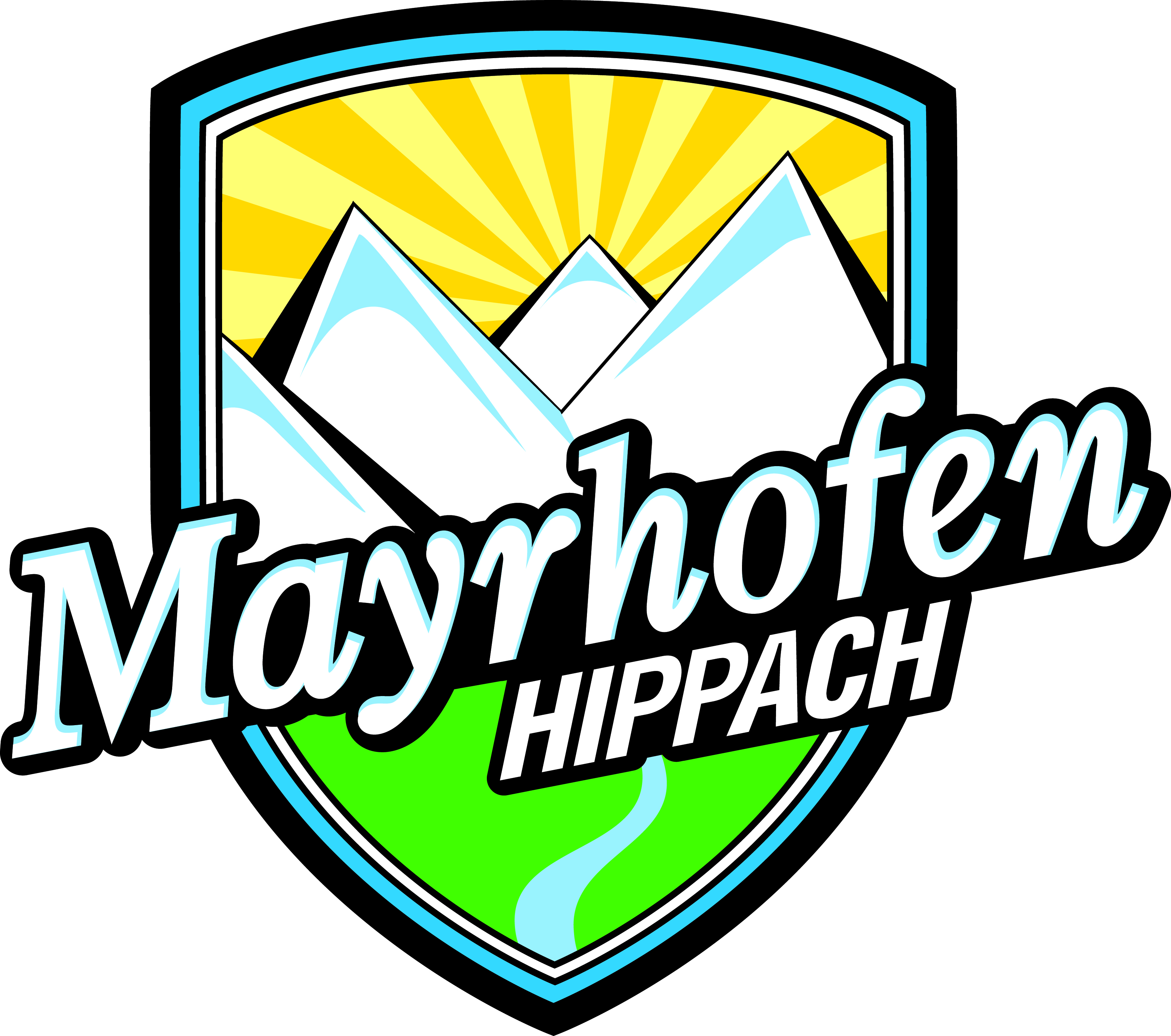 Logo mit Schriftzug Mayrhofen-Hippach. Das Logo besteht aus einem Wappen. Stilistisch dargestellt sind die Sonnenstrahlen über den verschneiten Berggipfeln, darunter eine grüne Wiese mit blauen Fluss.