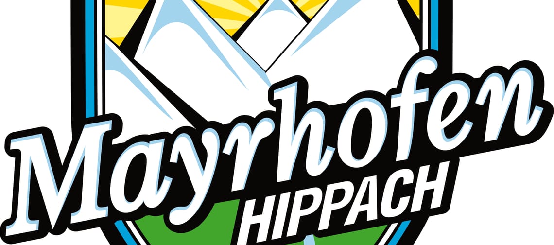 Logo featuring the words “Mayrhofen-Hippach”. The logo consists of a coat of arms. It stylistically depicts sunbeams shining over snow-capped mountain peaks, with a green meadow and a blue river below.