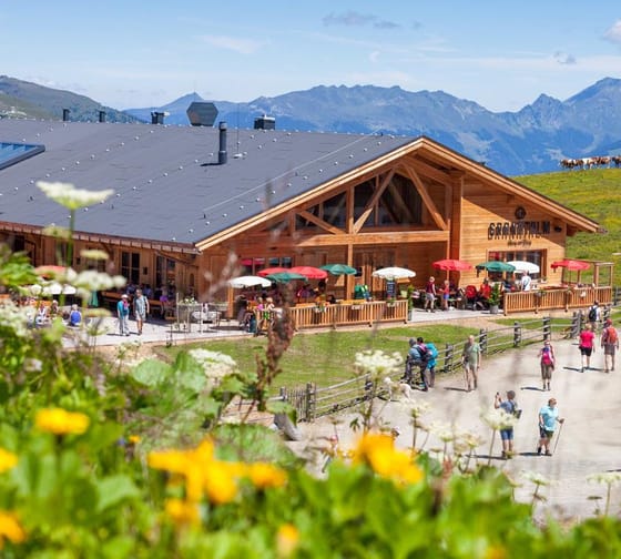 The image shows an exterior view of the Granatalm in summer, with a meadow of flowers in the foreground.