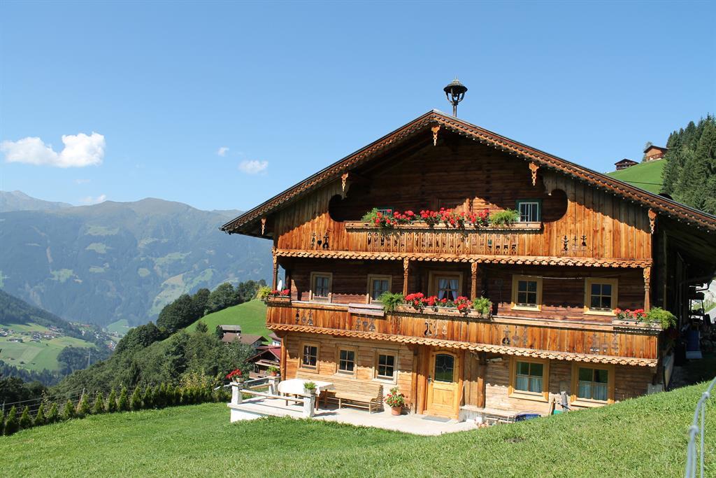 Wooden chalet on a green hillside with flowers, mountains, and blue sky in the background.