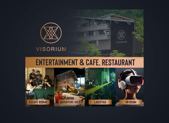 Das Bild zeigt das Visorium, ein Entertainment-, Café- und Restaurant-Erlebnis. Oben ist das Gebäude mit Logo zu sehen, darunter werden die Attraktionen vorgestellt: Escape Rooms, Adventure Golf, Lasertag und ein VR-Room.