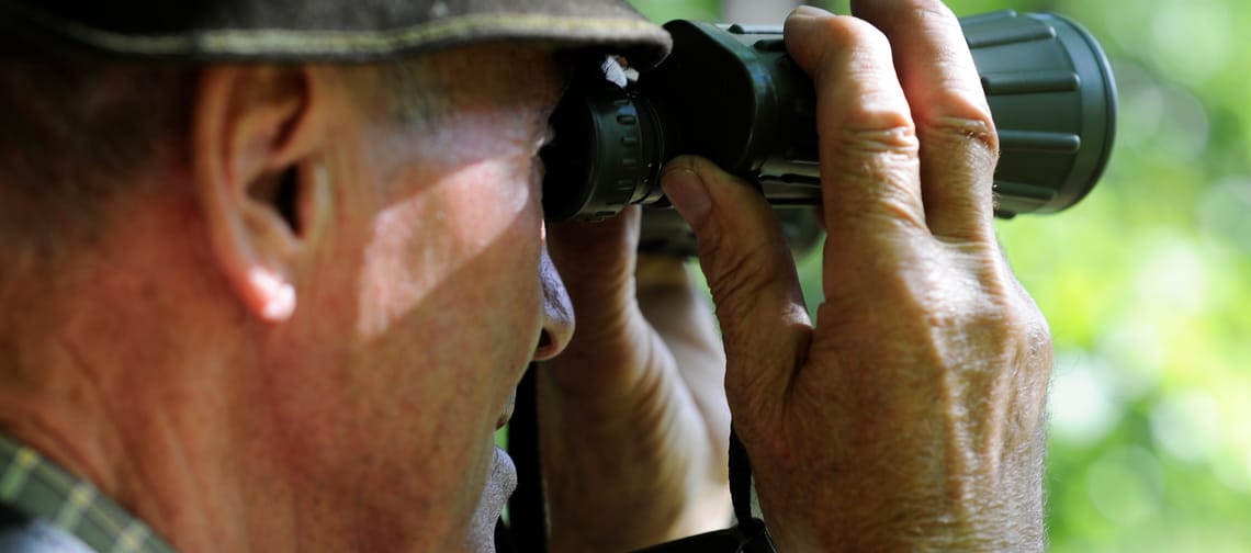 Older man looking through binoculars, wearing a hat, with green nature in the background.