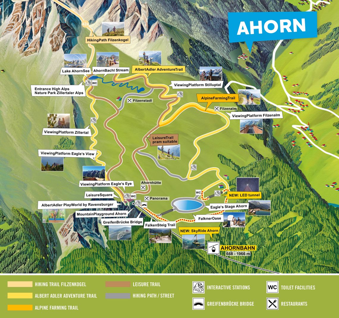 Map with the highlights at Mount Ahorn in summer