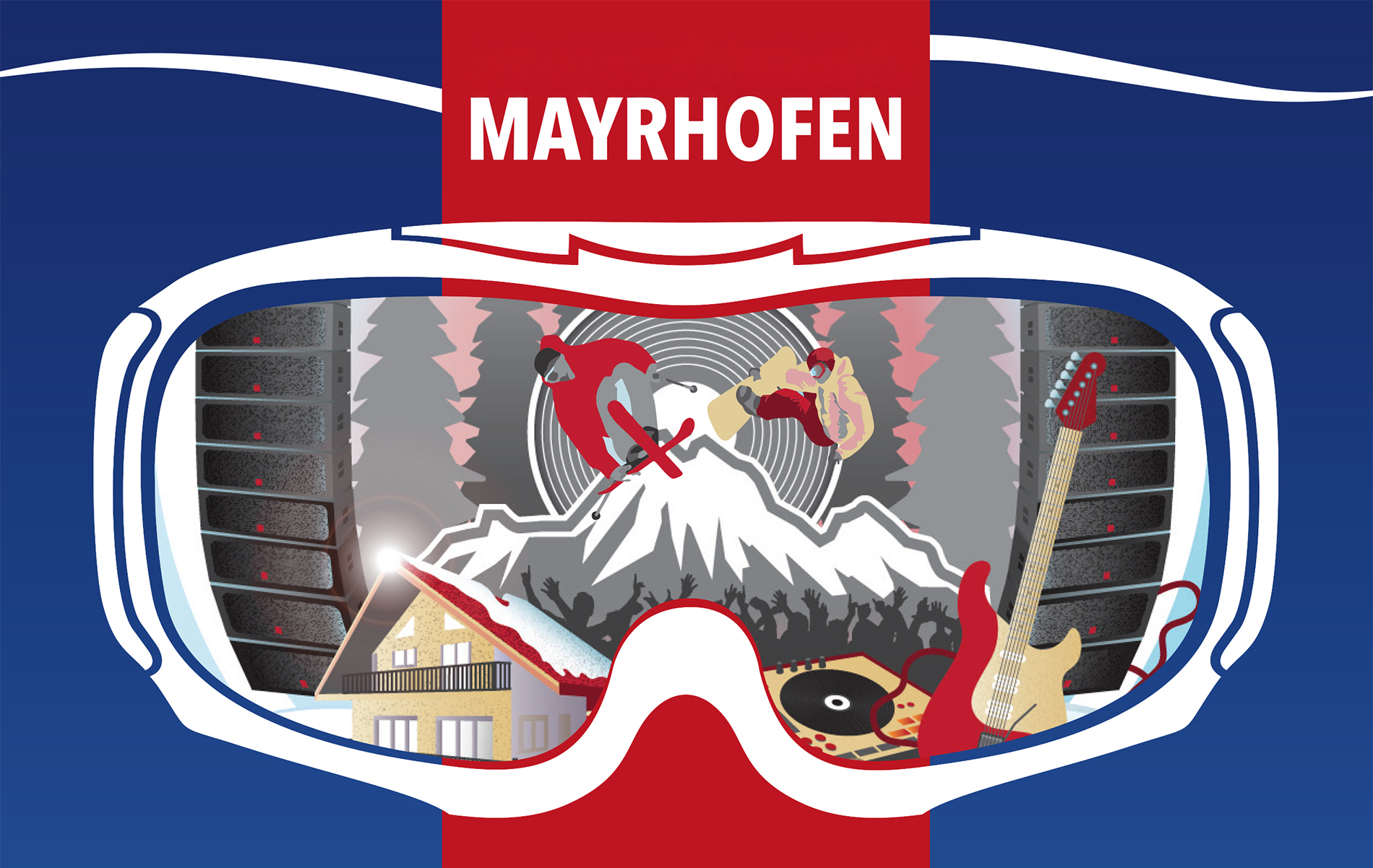 Mayrhofen The Brits Logo: Skibrille mit Alpenmotiv, Snowboard, Gitarre und Mikrofon als Symbole für Wintersport und Musikfestival. Offizielles Veranstaltungslogo.