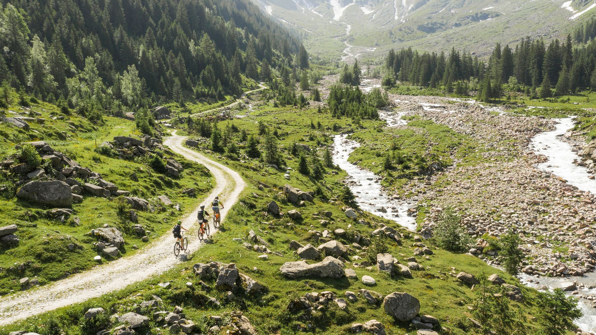 Geführte Biketour im Stilluptal: Radfahrer auf einem Weg durch grüne Berglandschaft mit Bach, Wiesen und Felsen. Sonniges Wetter in alpiner Umgebung.