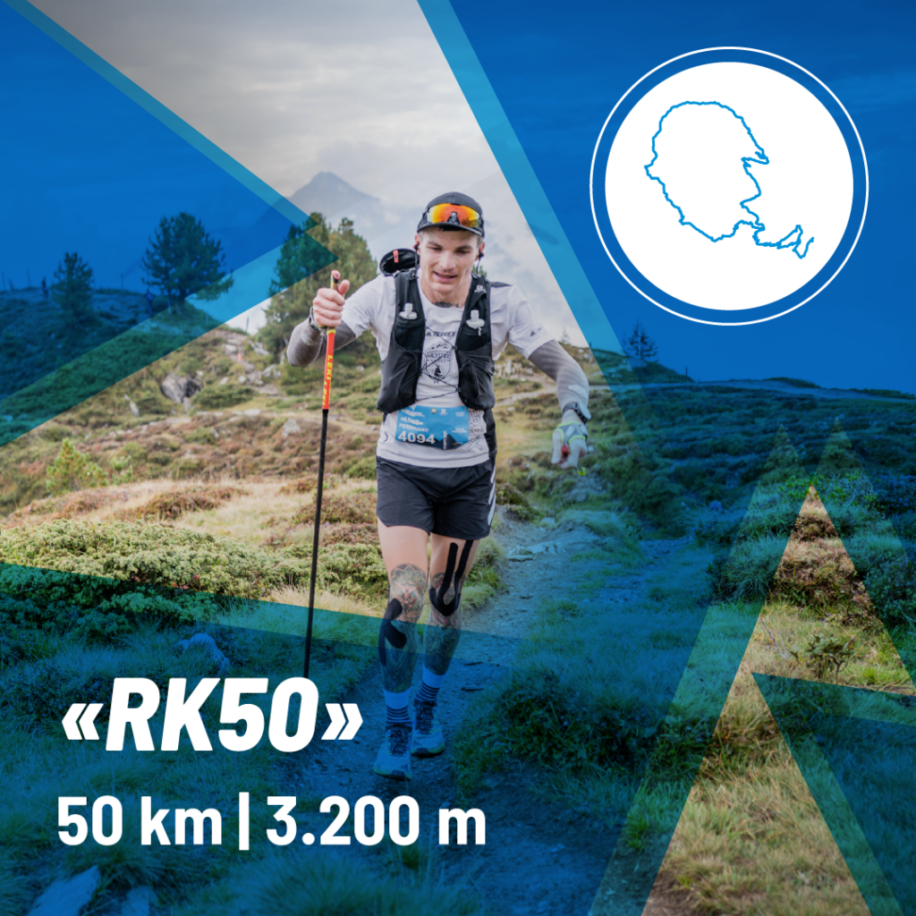 Trail runner on the RK50 route in Mayrhofen: 50 km, 3,200 meters elevation gain. Athlete with poles in alpine scenery, surrounded by mountains and green meadows. Ultraks series logo in the top right. A challenge for runners in breathtaking nature.