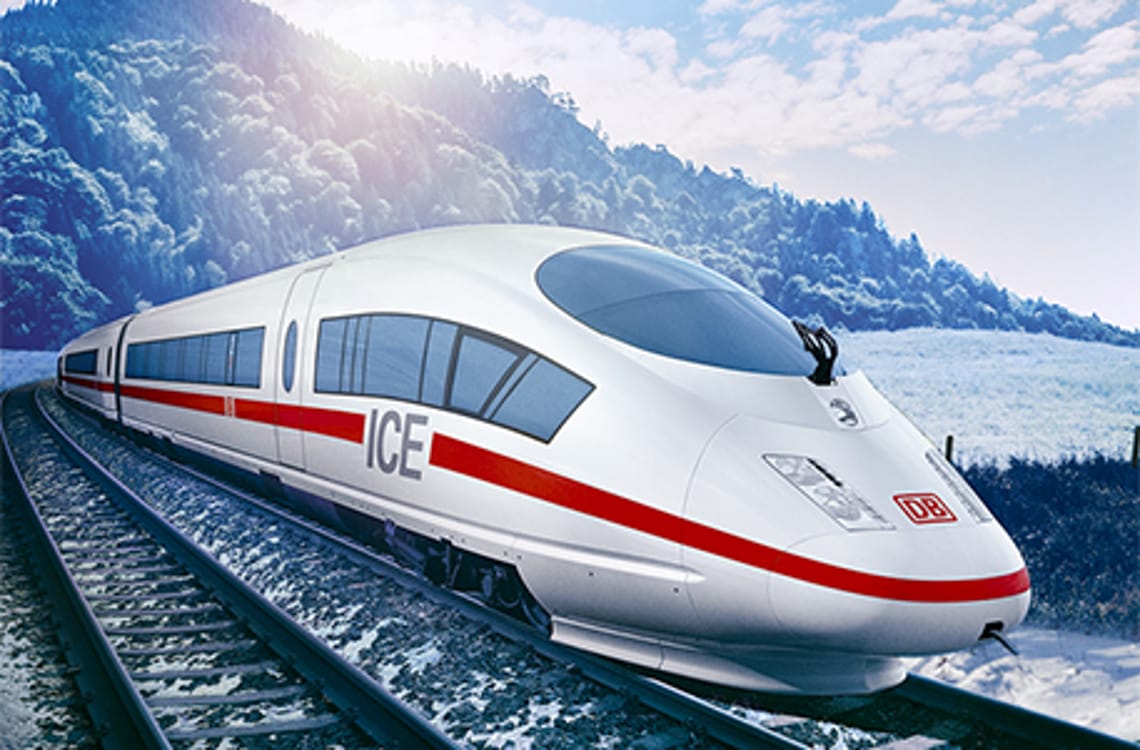 Travelling by ICE train White DB ICE high-speed train with red stripe travels along railway tracks beside a lake. Forested hills and bright sunlight create a scenic backdrop. Modern German intercity express in picturesque landscape setting.