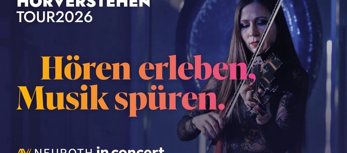 A woman with long brown hair is playing the violin against a blue background. The text ‘Hear and experience, feel the music’ is superimposed in orange-yellow lettering.