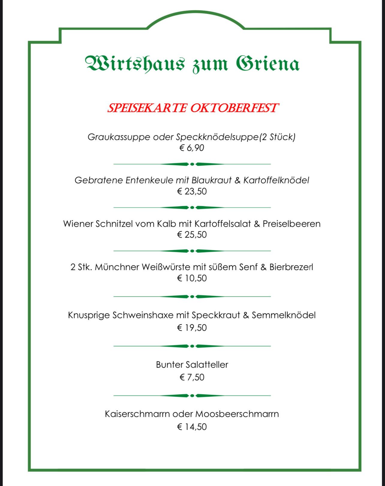 Speisekarte Oktoberfest