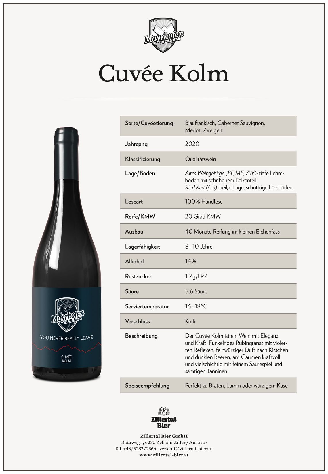 Cuvée Kolm Weine Eine Weinflasche „Cuvée Kolm“ mit Etikett. Daneben eine Tabelle mit Angaben zu Sorte, Jahrgang, Lagerdauer, Geschmack, Alkoholgehalt und Serviertemperatur. Hintergrund hell, klare Darstellung.