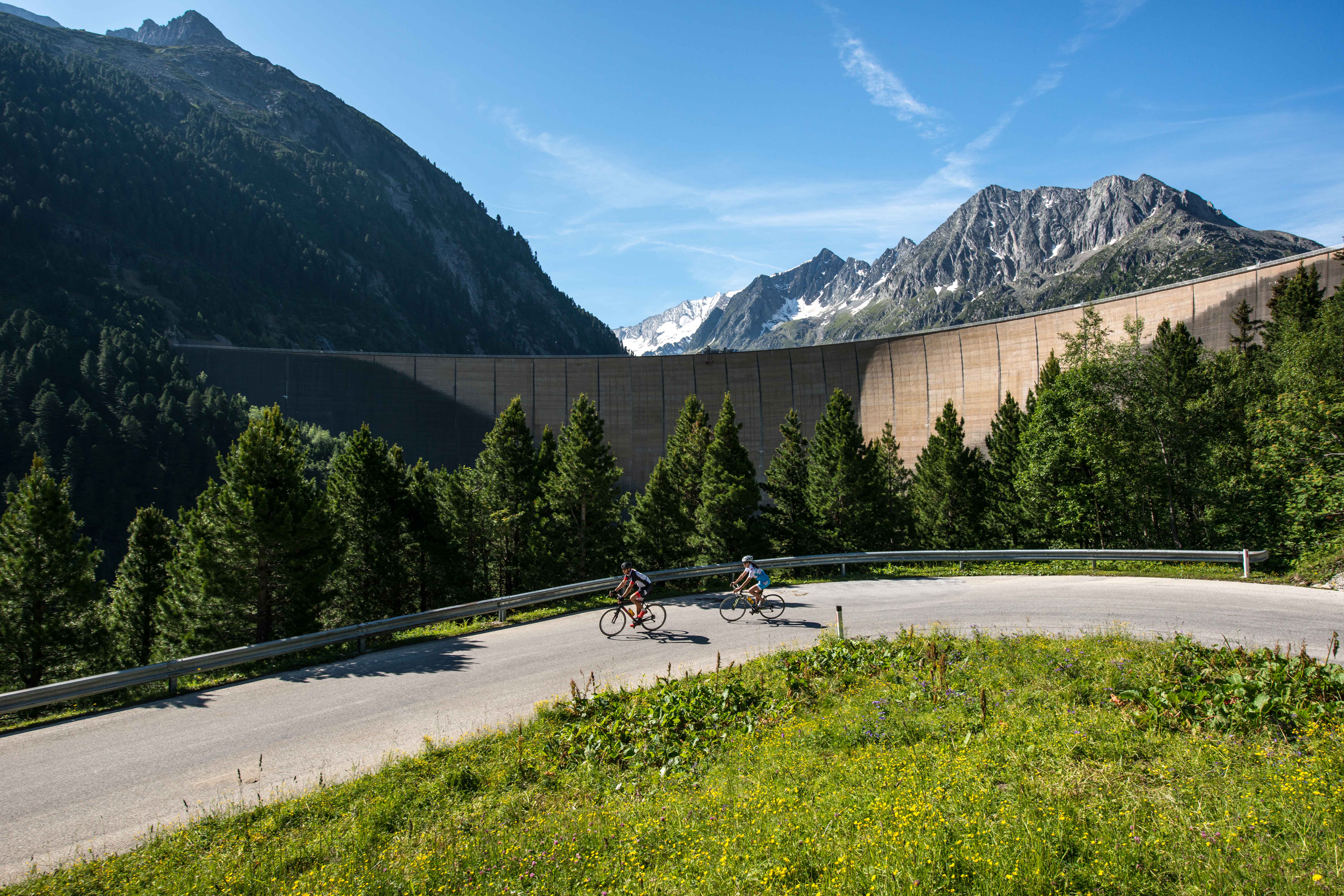 Bike tour to the Schlegeis Reservoir in Zillertal: Two cyclists ride along the winding Schlegeis Alpine Road through green mountain scenery. In the background, the tall dam rises between forested slopes and rugged peaks into the blue sky.