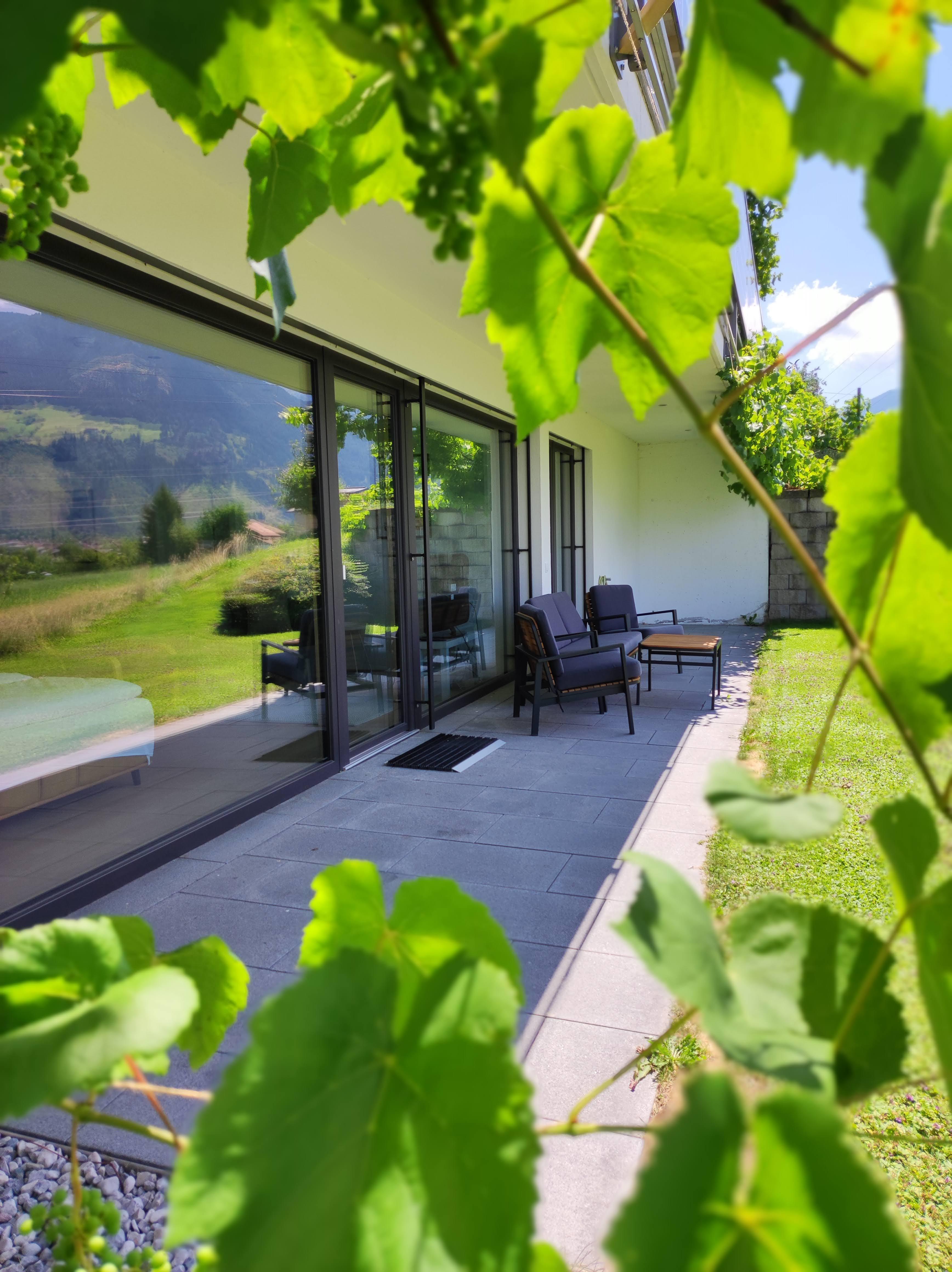 View of a patio with chairs outside a house, framed by green leaves and mountains in the background.