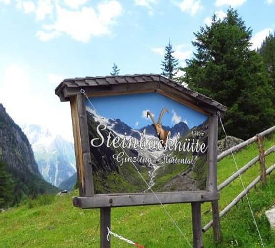 Sign for Steinbachhütte in the Alps, with mountain scenery in the background.