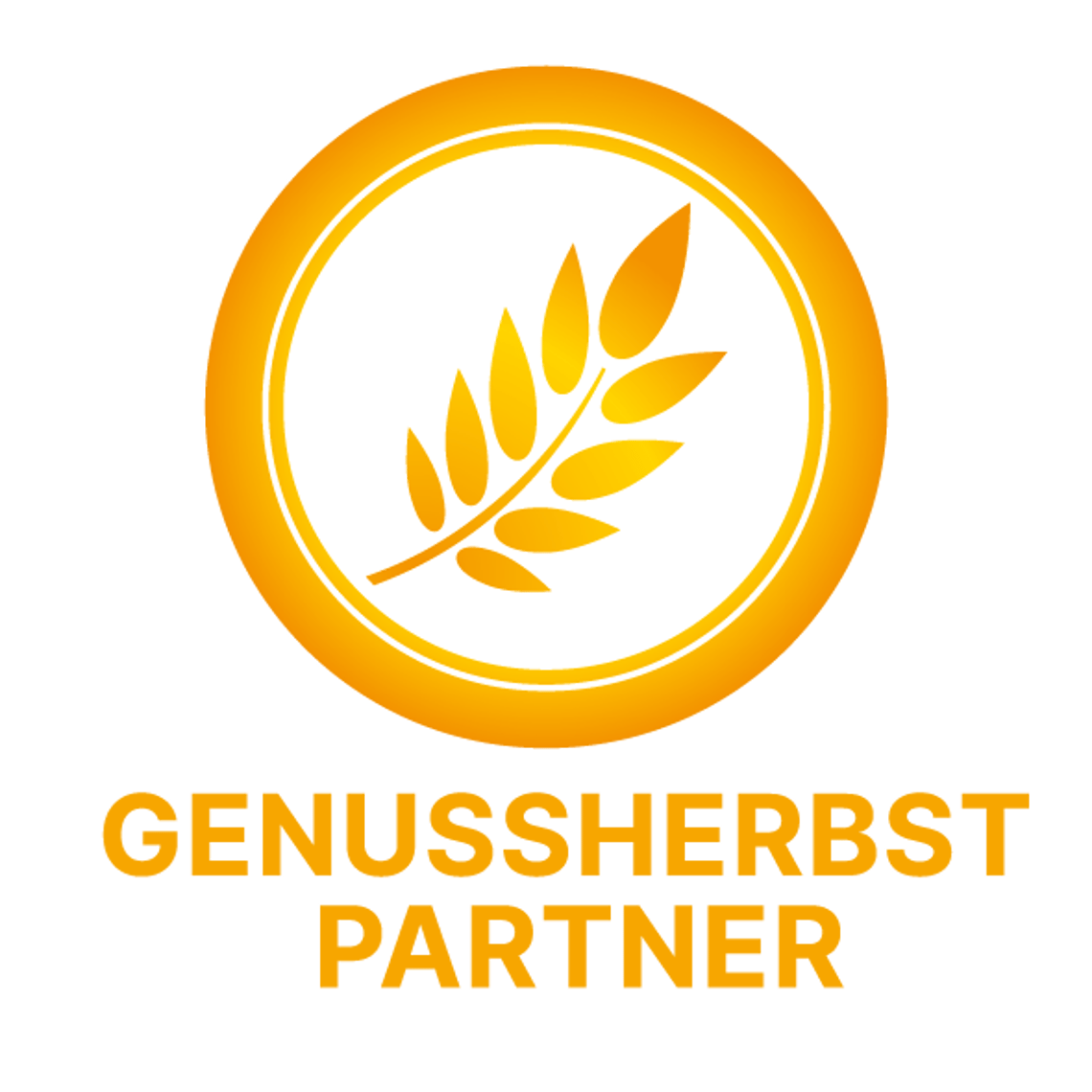 Offizielles Partner-Logo Genussherbst Mayrhofen-Hippach – Qualitätssiegel für regionale Kulinarik Logo „Genussherbst Partner“ in Goldgelb. Das kreisförmige Emblem zeigt eine Getreideähre in der Mitte. Darunter steht in Großbuchstaben der Schriftzug GENUSSHERBST PARTNER auf weißem Hintergrund.