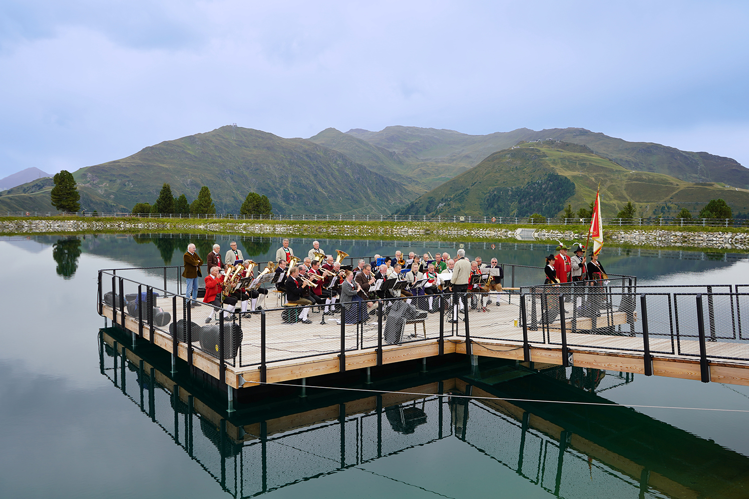 Brass music concert Mountopolis MusikInsel in the reservoir at Penken in Mayrhofen