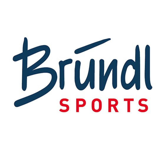 The logo of Bründl Sports features a white background. The text “Bründl Sports” is written in dark blue, with certain design elements or accents in red. The logo appears sporty, modern, and dynamic – fitting for an active lifestyle brand