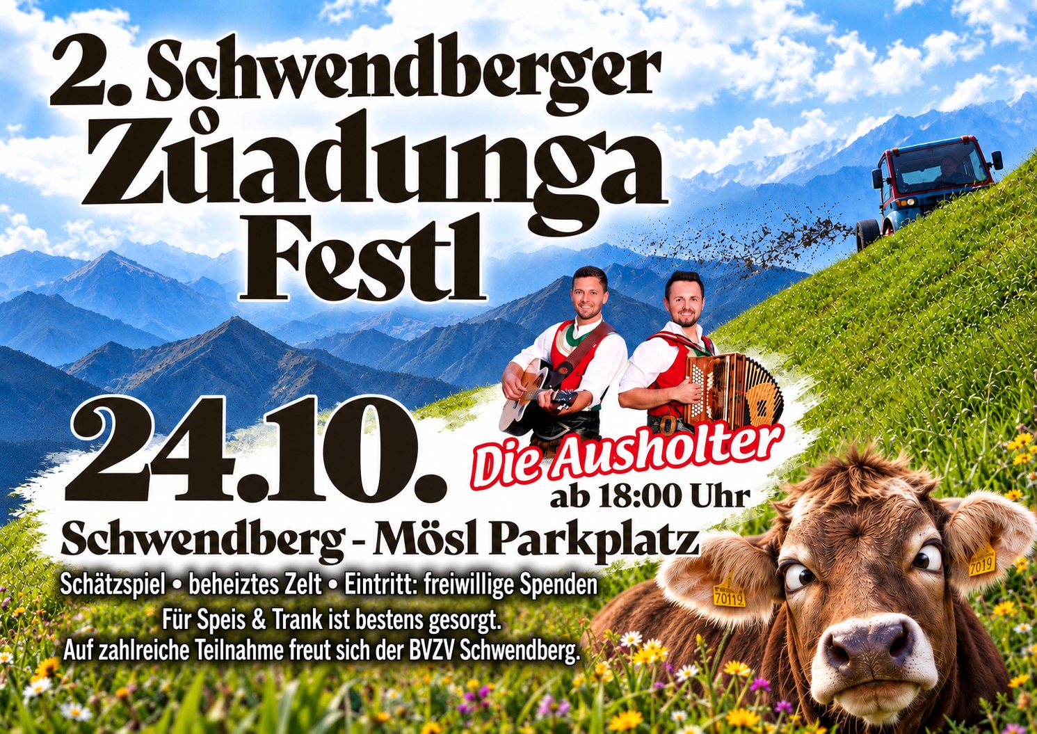 mys-Schwendberger Züadunga Festl -Plakat mit zwei Musikanten und einer Kuh auf dem Berg