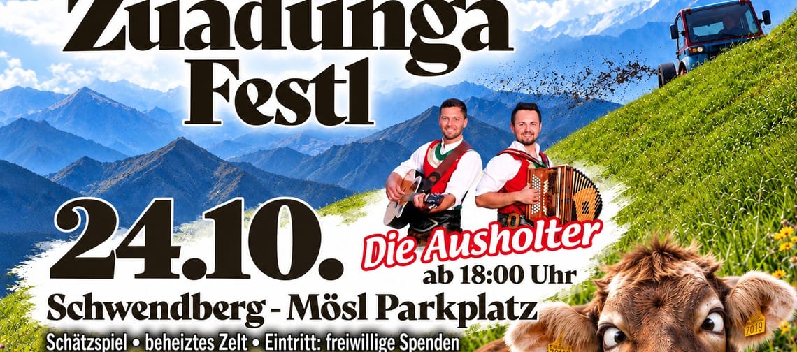 Plakat für das Schwendberger Züadnuga Fest mit Musikanten, Kuh und Berglandschaft im Hintergrund.