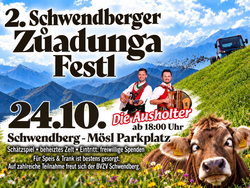 mys-Schwendberger Züadunga Festl -Plakat mit zwei Musikanten und einer Kuh auf dem Berg