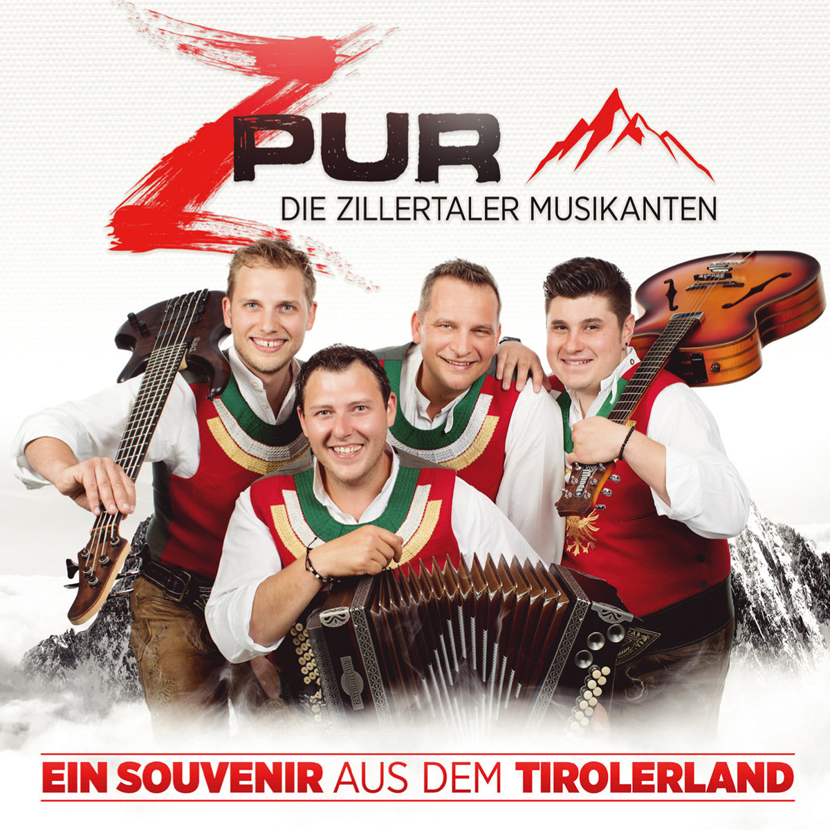 Four men in traditional attire with instruments, promoting Z-Pur Tyrolean music, with mountain background.