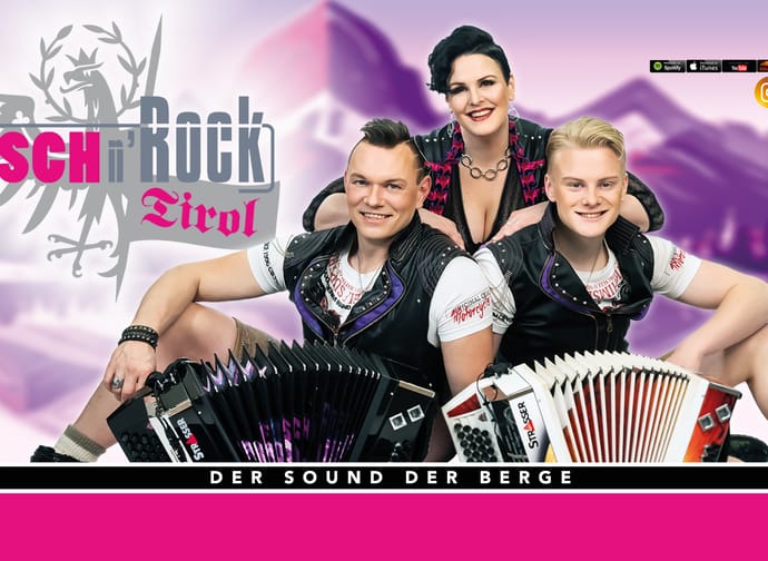 Das Bild zeigt die Gruppe Feschn Rock mit einem pinken Schriftzug und violettem Hintergrund.