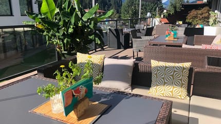 Das Bild zeigt eine Terrasse mit bequemen Lounge-Sitzen, die zum Entspannen einladen. Umgeben ist der Bereich von verschiedenen Pflanzen, die eine angenehme und ruhige Atmosphäre schaffen.