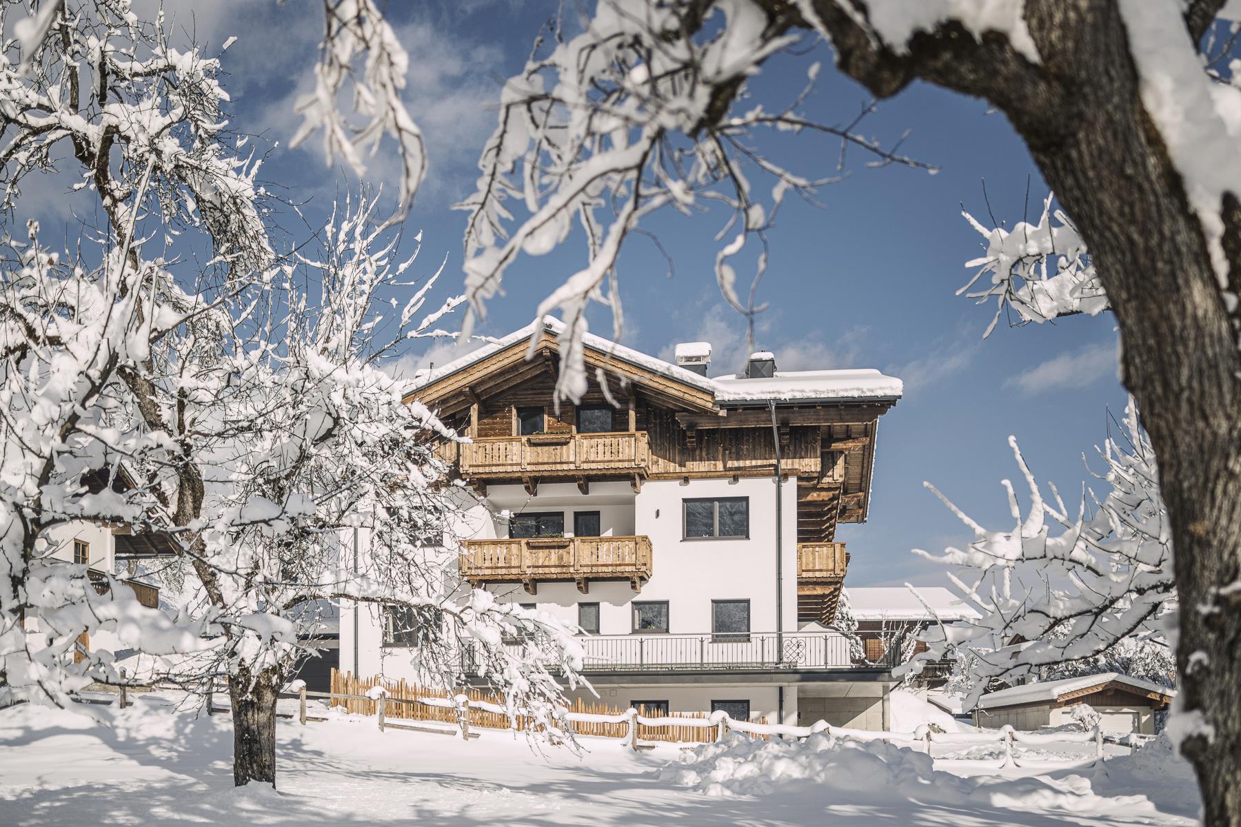 Ein modernes Chalet im Schnee, umgeben von verschneiten Bäumen unter blauem Himmel.