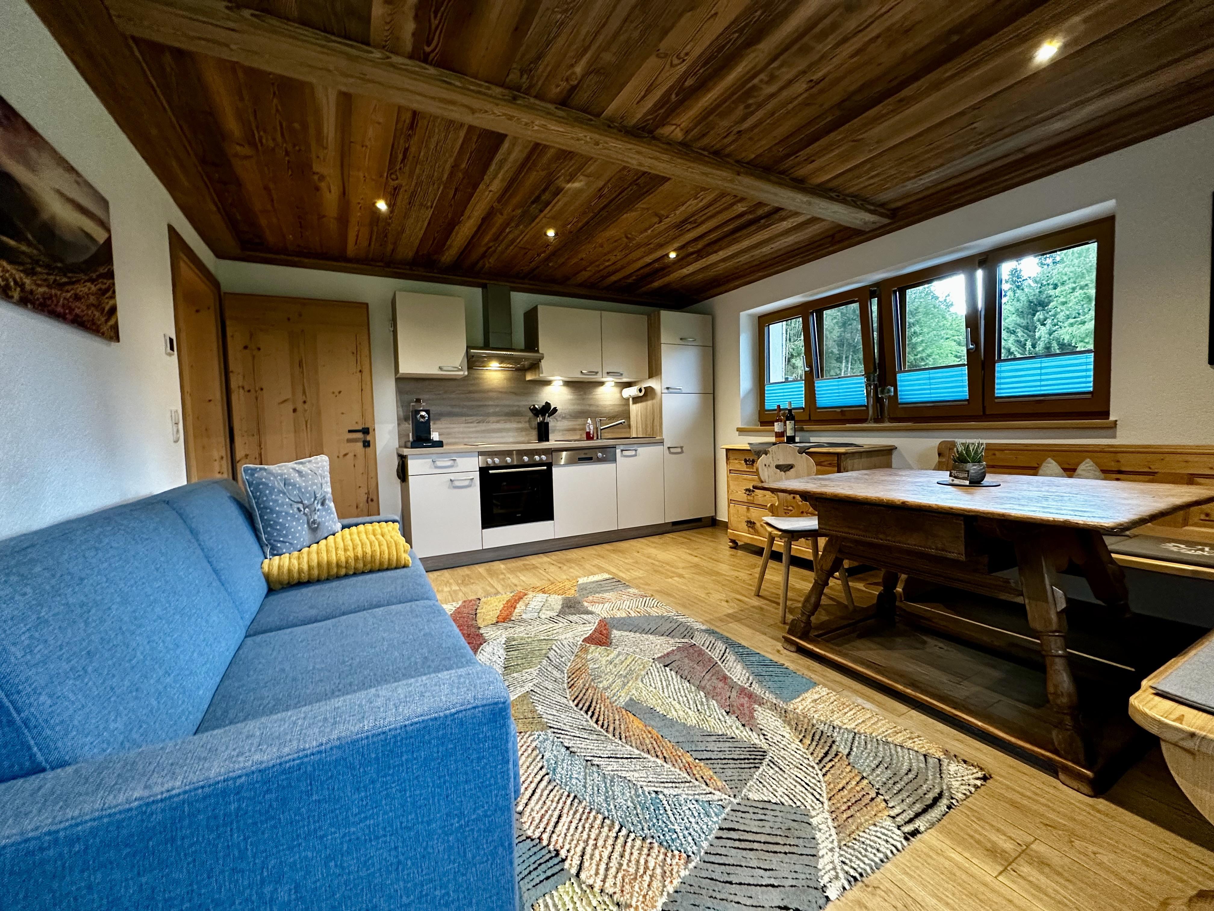 Gemütliches Wohnzimmer mit Holzdecke, blauer Couch, buntem Teppich, Esstisch und großen Fenstern mit Blick ins Grüne.