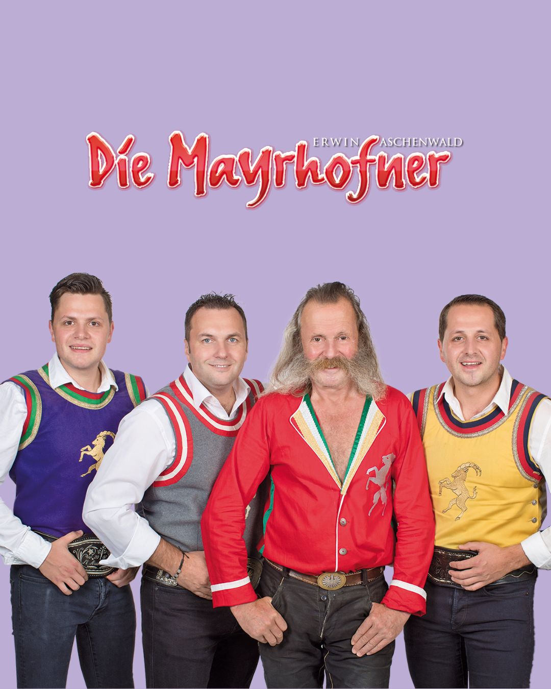The image shows ‘Die Mayrhofner’ in traditional costume, with red lettering above and a purple background.