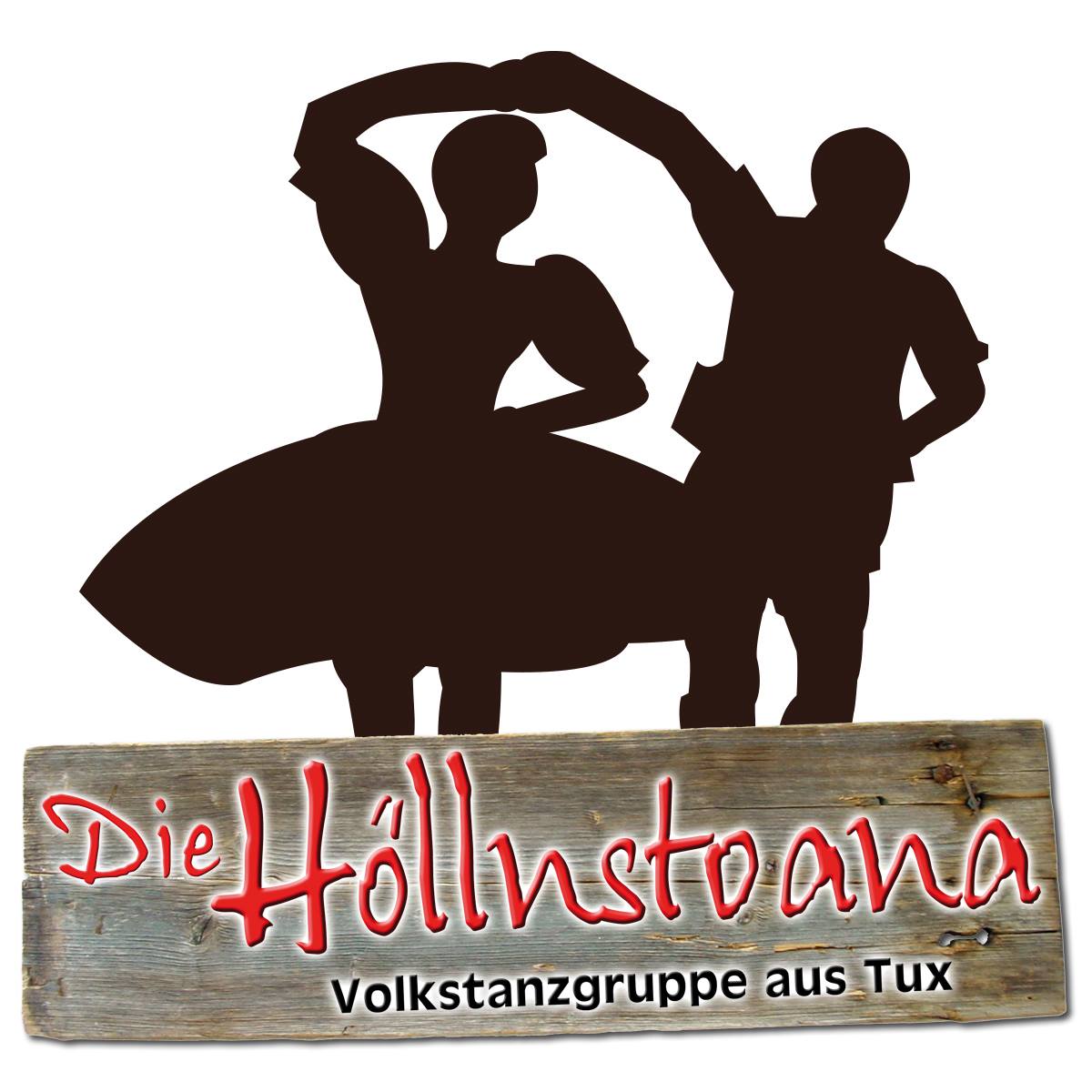 Das Bild zeigt das Logo der Schuhplattler "Die Höllnstoana" in schwarz mit rotem Schriftzug auf einem Holzhintergrund darunter.