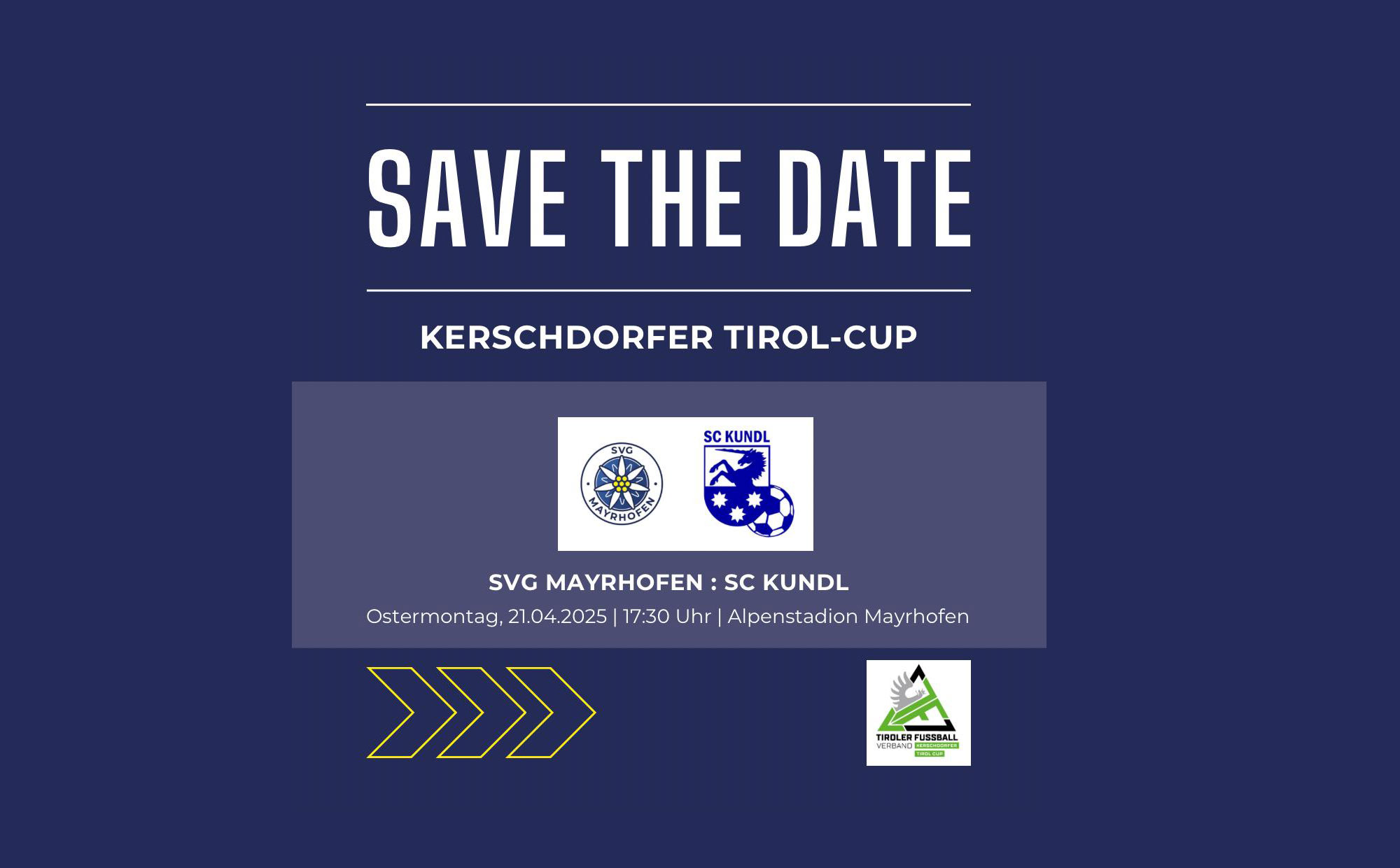 The image shows the announcement for the Kerschdorfer Tirol Cup in white text on a blue background.