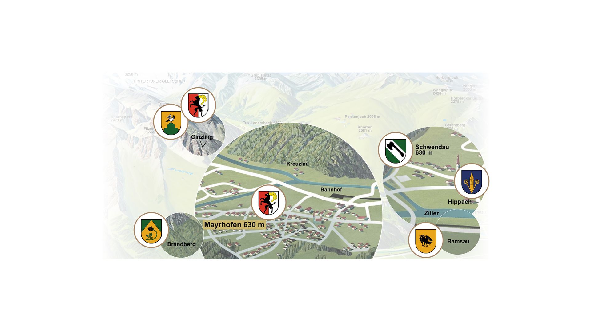 Übersichtskarte der Ferienregion Mayrhofen-Hippach mit sechs markierten Fotopoints in Mayrhofen, Brandberg, Ginzling, Schwendau, Ramsau und Hippach.