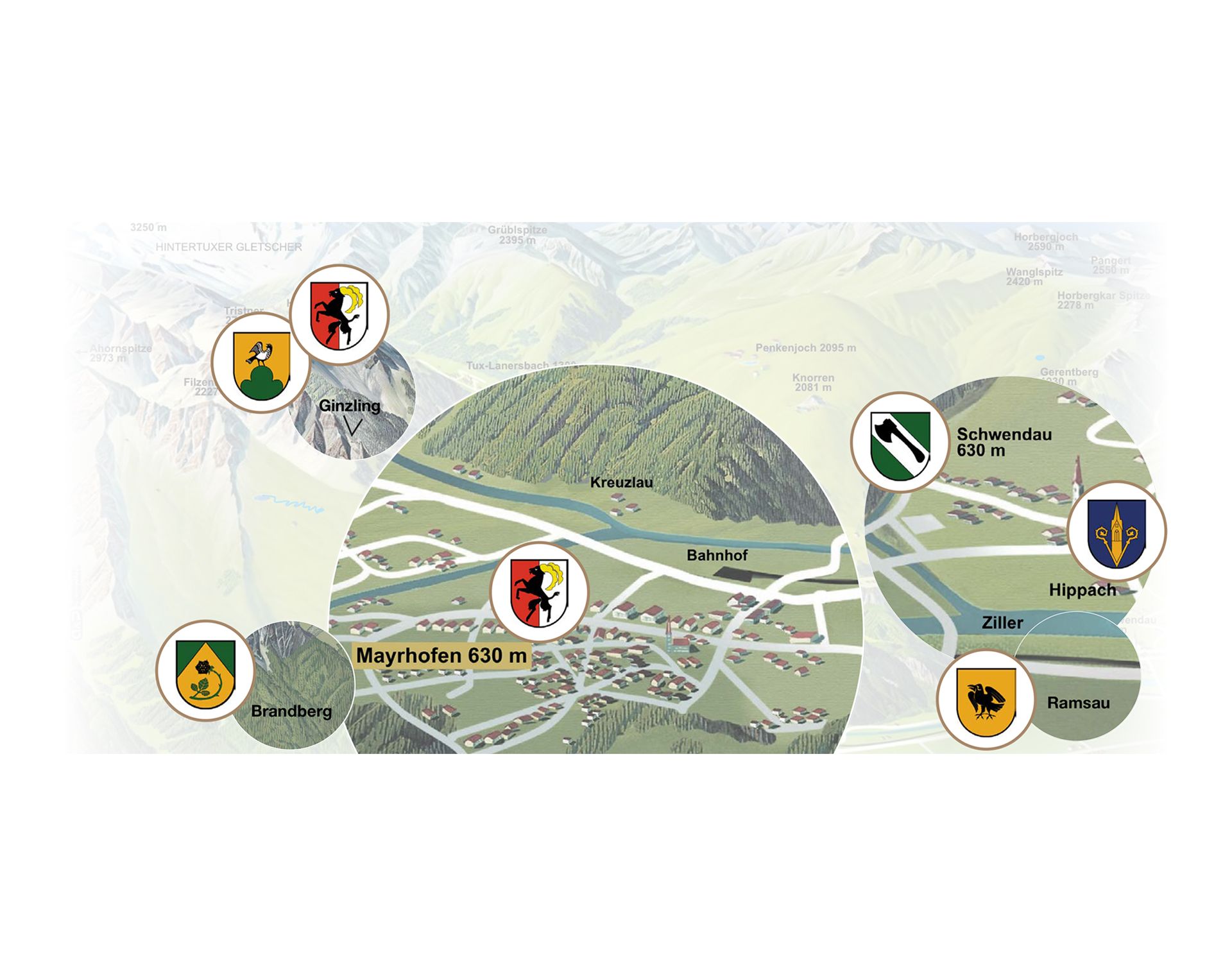 Übersichtskarte der Ferienregion Mayrhofen-Hippach mit sechs markierten Fotopoints in Mayrhofen, Brandberg, Ginzling, Schwendau, Ramsau und Hippach.