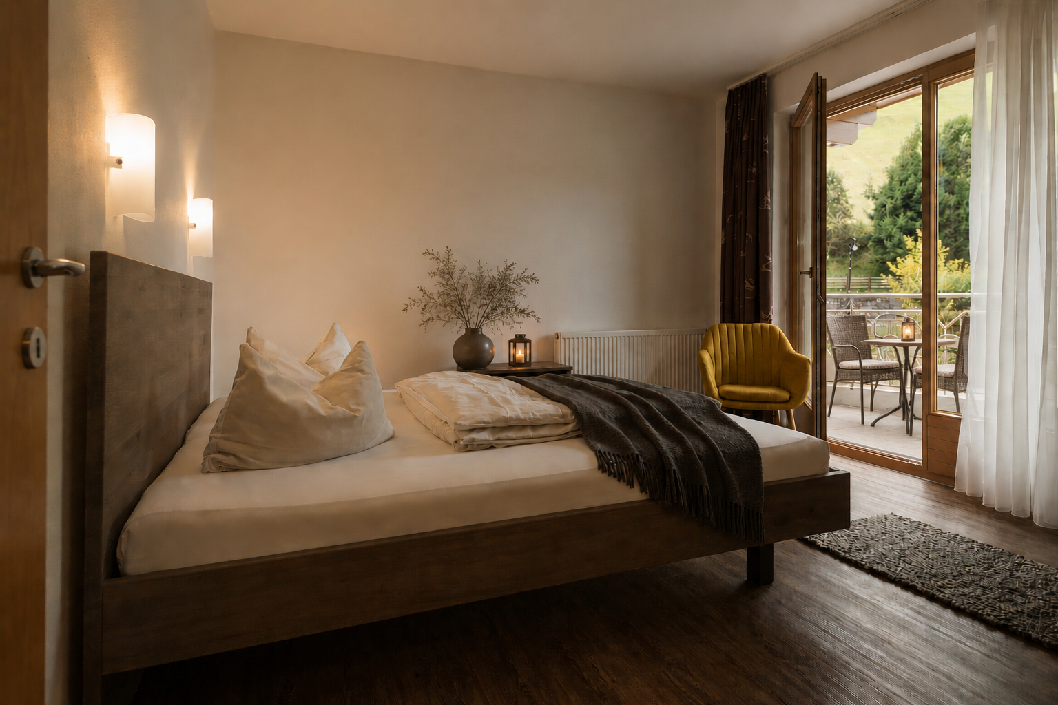 Schlafzimmer mit Bett, Nachttisch, Vase, Stuhl und Balkon mit Gartenblick bei Tageslicht.
