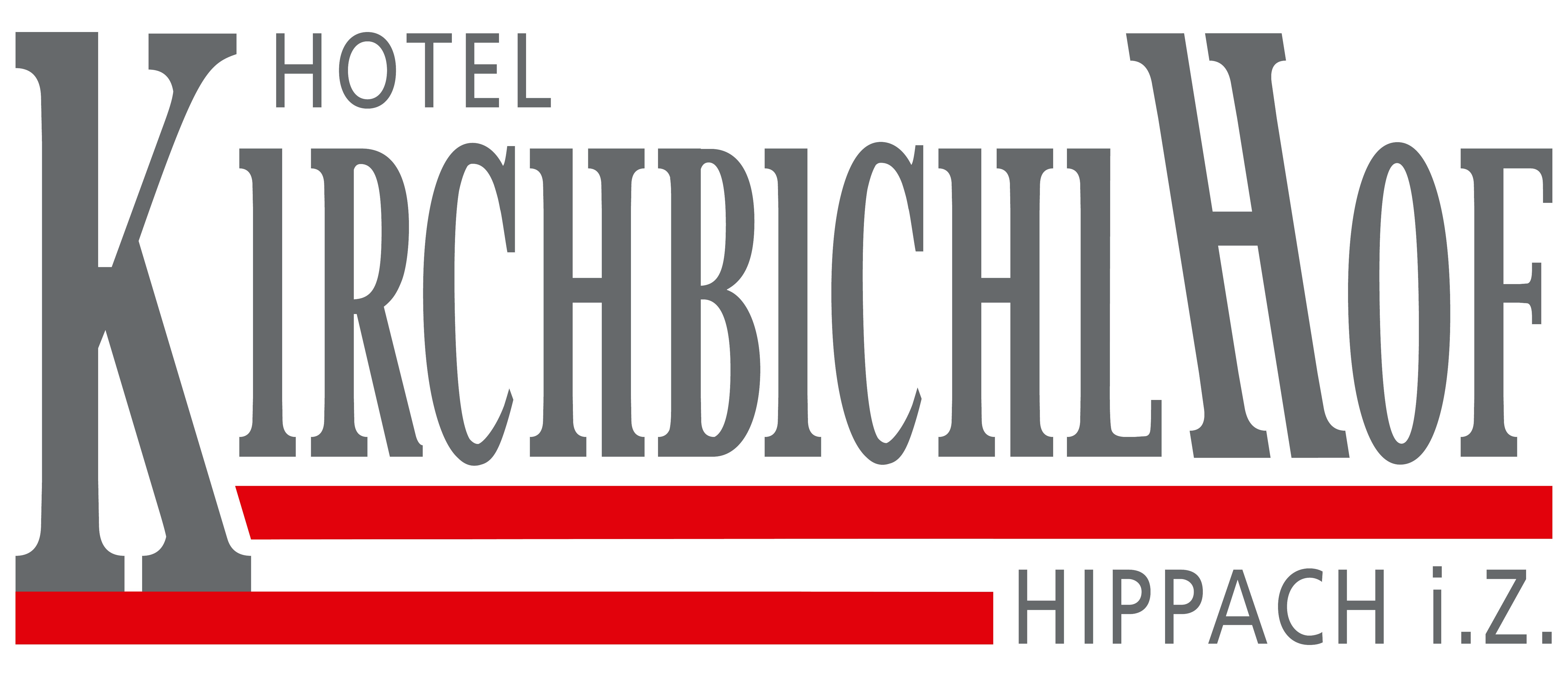 Das Bild zeigt das Logo des Hotel "Kirchbichlhof" in grauer Schrift mit roter Unterstreichung