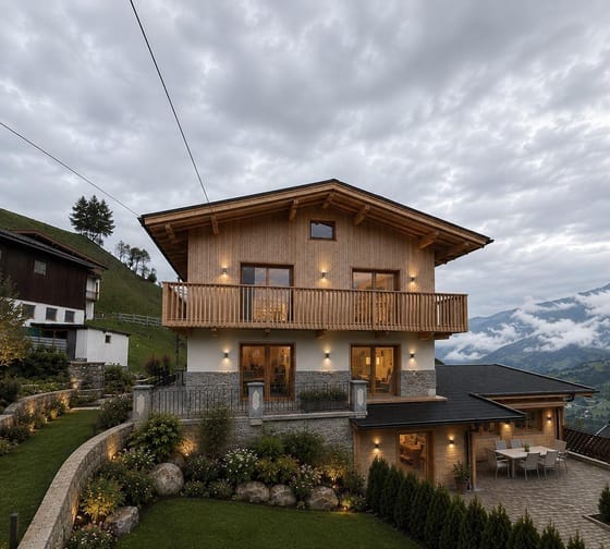 A two-story house with a wooden facade, balcony, and garden in the mountains under cloudy skies.