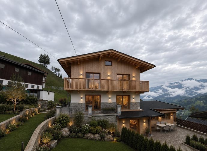 A two-story house with a wooden facade, balcony, and garden in the mountains under cloudy skies.