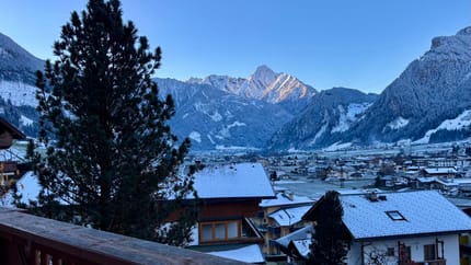 Blick auf verschneite Berge, eine Tanne im Vordergrund, darunter Häuser in einem winterlichen Dorf.