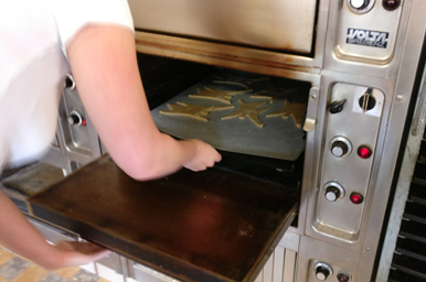 The gingerbread is now baked in the oven.